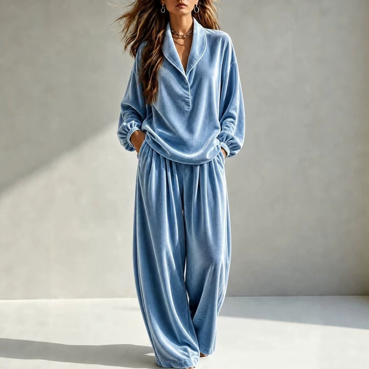 Damen Luxuriöses Velours-Loungewear-Set mit Schalkragen und weiter Palazzo-Hose Echoarchiv