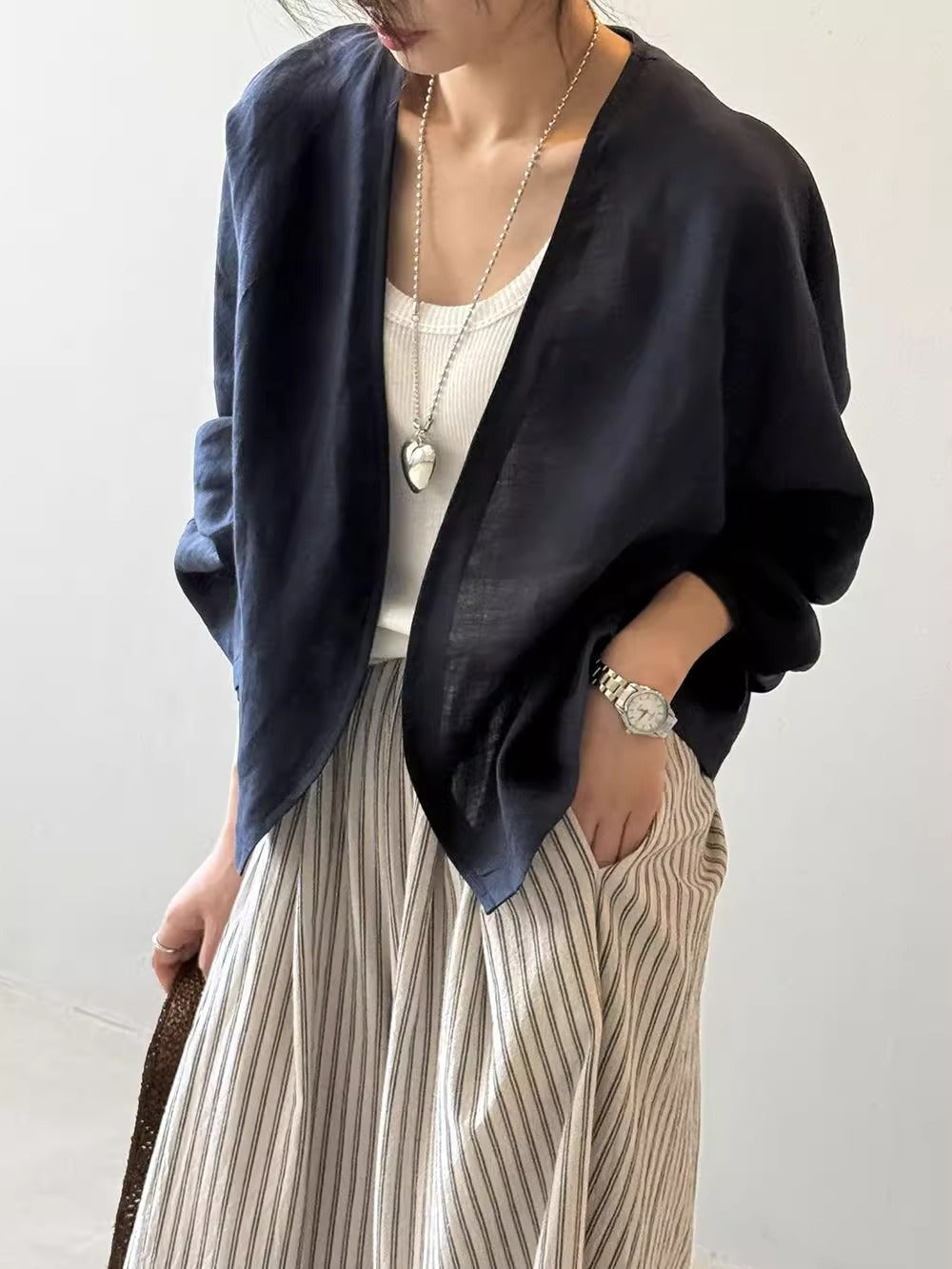 Damen Oversize-Kimonojacke aus Leinenmix mit offenem Fall und weiten Ärmeln Echoarchiv