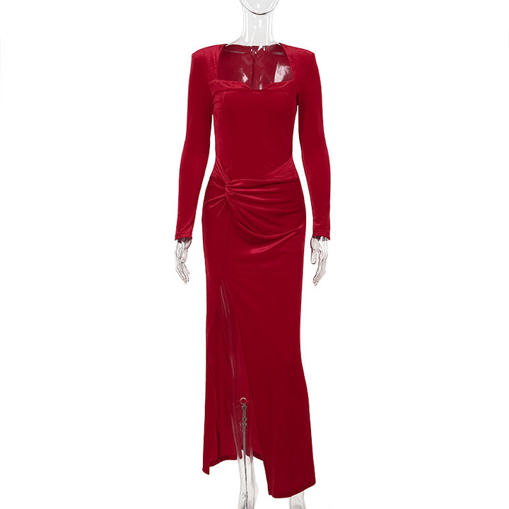 Damen elegantes langärmeliges Abendkleid mit hohem Schlitz und Rüschendetails Echo Archiv
