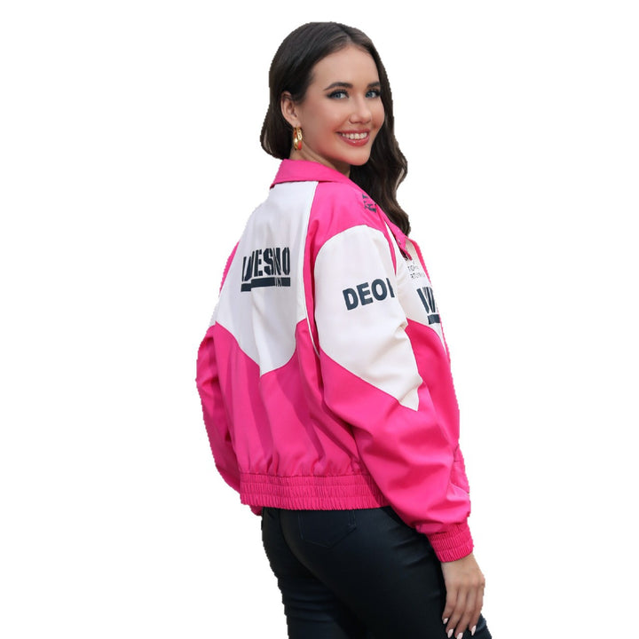 Damen Kurz geschnittene Racing‑Bomberjacke mit Stehkragen und Logoprint Echoarchiv