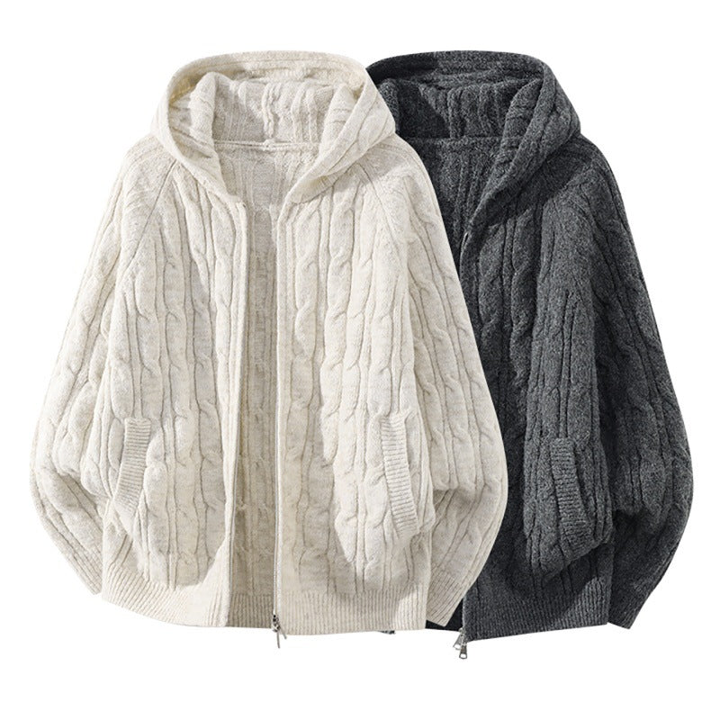 Damen Oversize Zopfstrick-Kapuzencardigan mit durchgehendem Reißverschluss und Ballonärmeln Echoarchiv