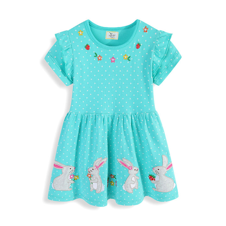 Mädchen Kurzarm Kleid mit verspieltem Hasen- und Blumenmotiv Echo Archiv