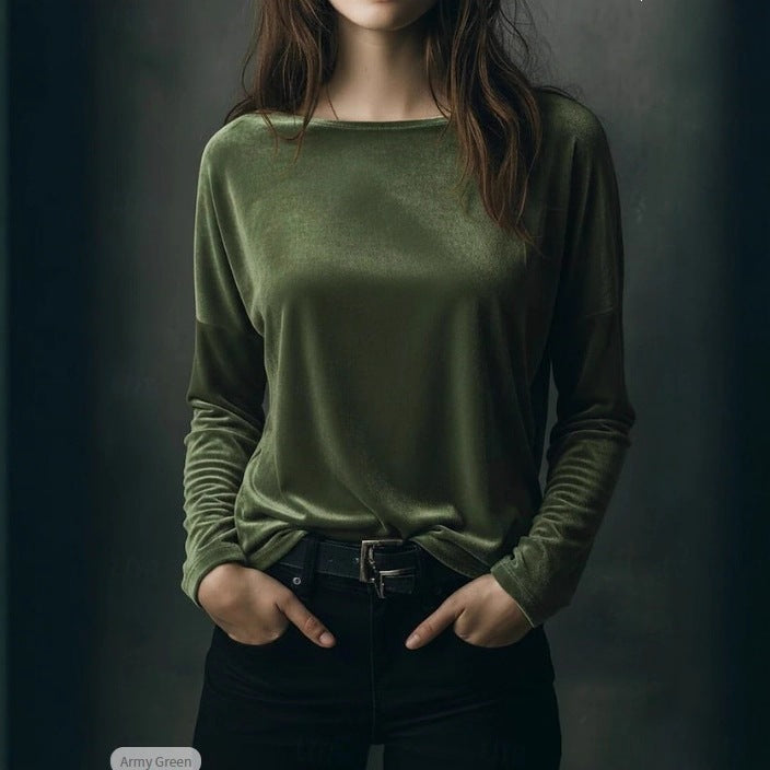Damen Feines Velours-Langarmshirt mit U-Boot-Ausschnitt und kastiger Silhouette Echoarchiv
