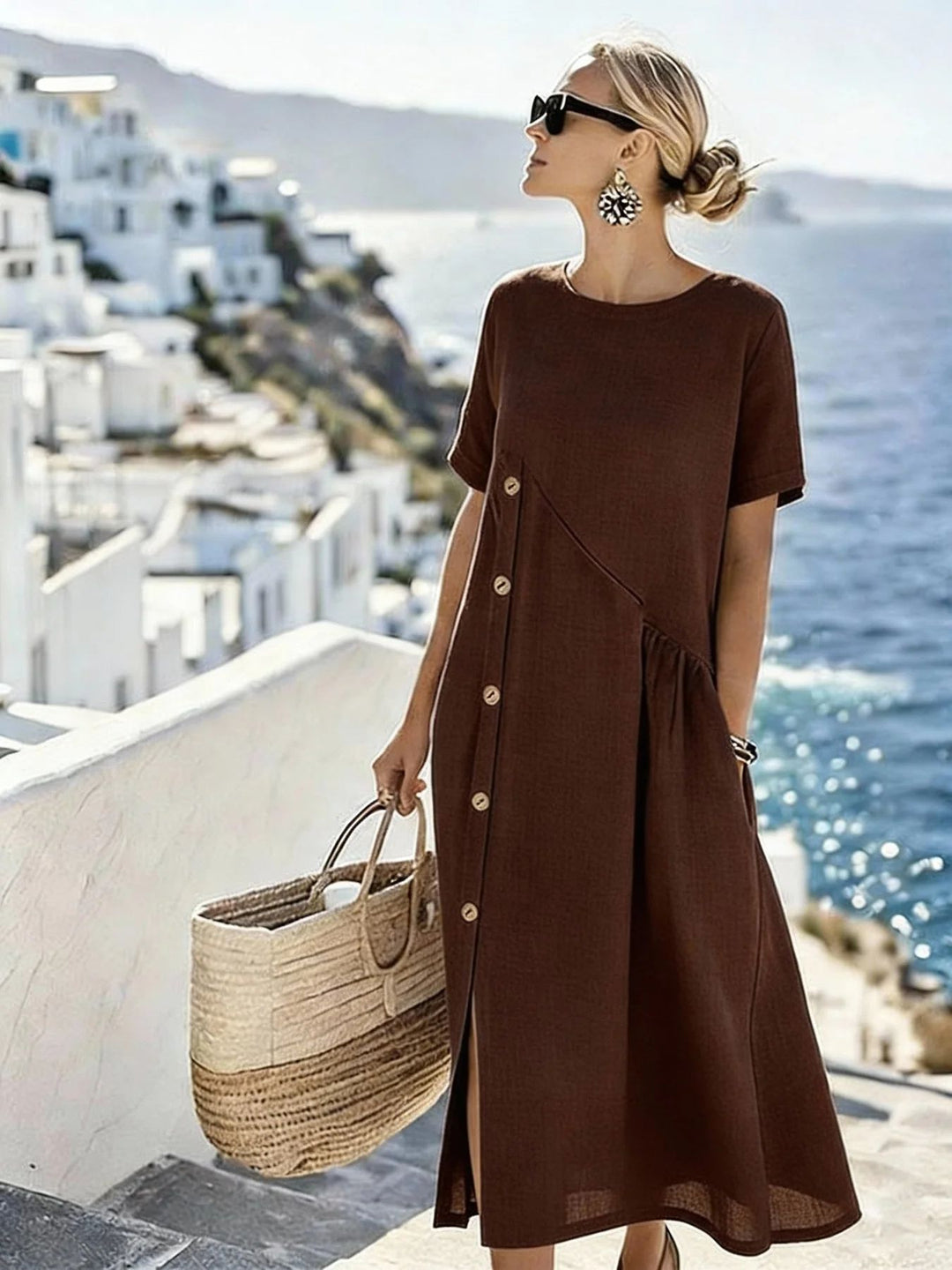 Damen Luftiges Sommerkleid mit seitlicher Knopfleiste, kurzen Ärmeln und Schlitz – Lunéa