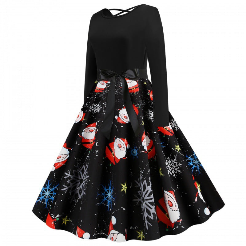 Damen Festliches Swingkleid mit Nikolausprint, tailliertem Satinband und gekreuztem Rückendetail – Élara