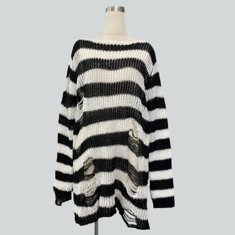 Damen nan Oversized Grobstrickpullover mit breiten Blockstreifen und aufgerissenem Design Echo Archiv