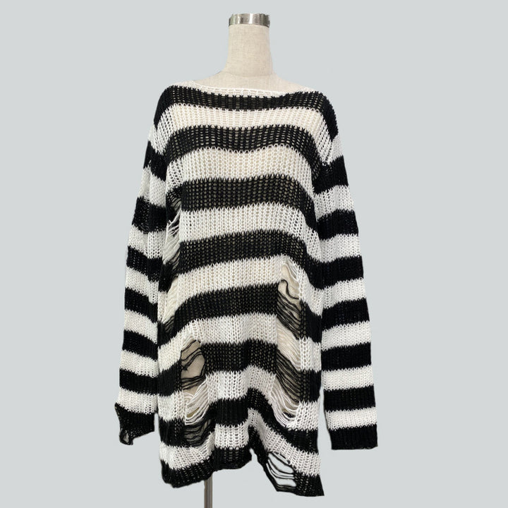 Damen nan Oversized Grobstrickpullover mit breiten Blockstreifen und aufgerissenem Design Echo Archiv