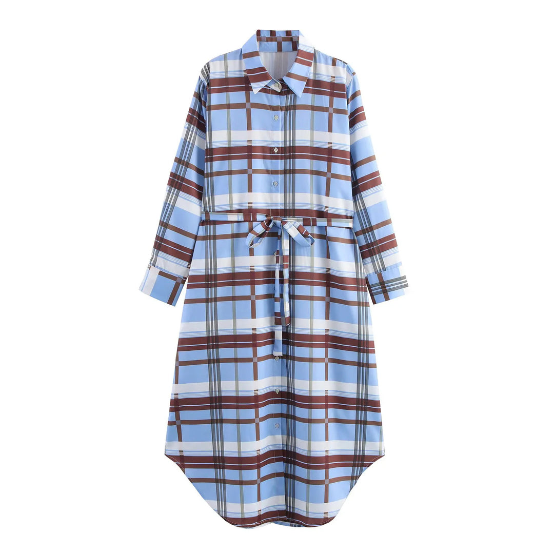 Damen kariertes Hemdblusenkleid mit Taillengürtel, durchgehender Knopfleiste und abgerundetem Hoch-Tief-Saum – Élara