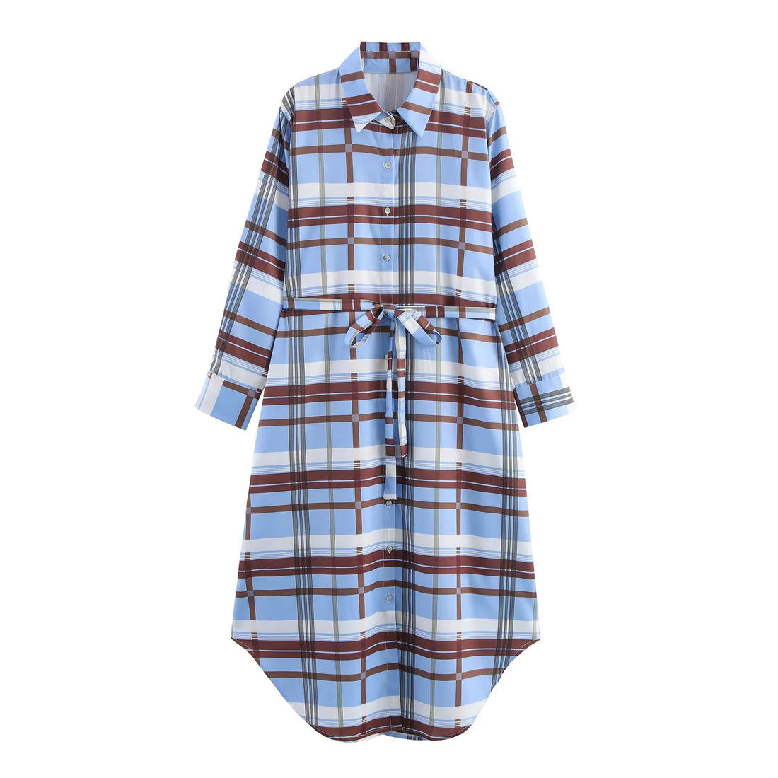 Damen kariertes Hemdblusenkleid mit Taillengürtel, durchgehender Knopfleiste und abgerundetem Hoch-Tief-Saum – Élara