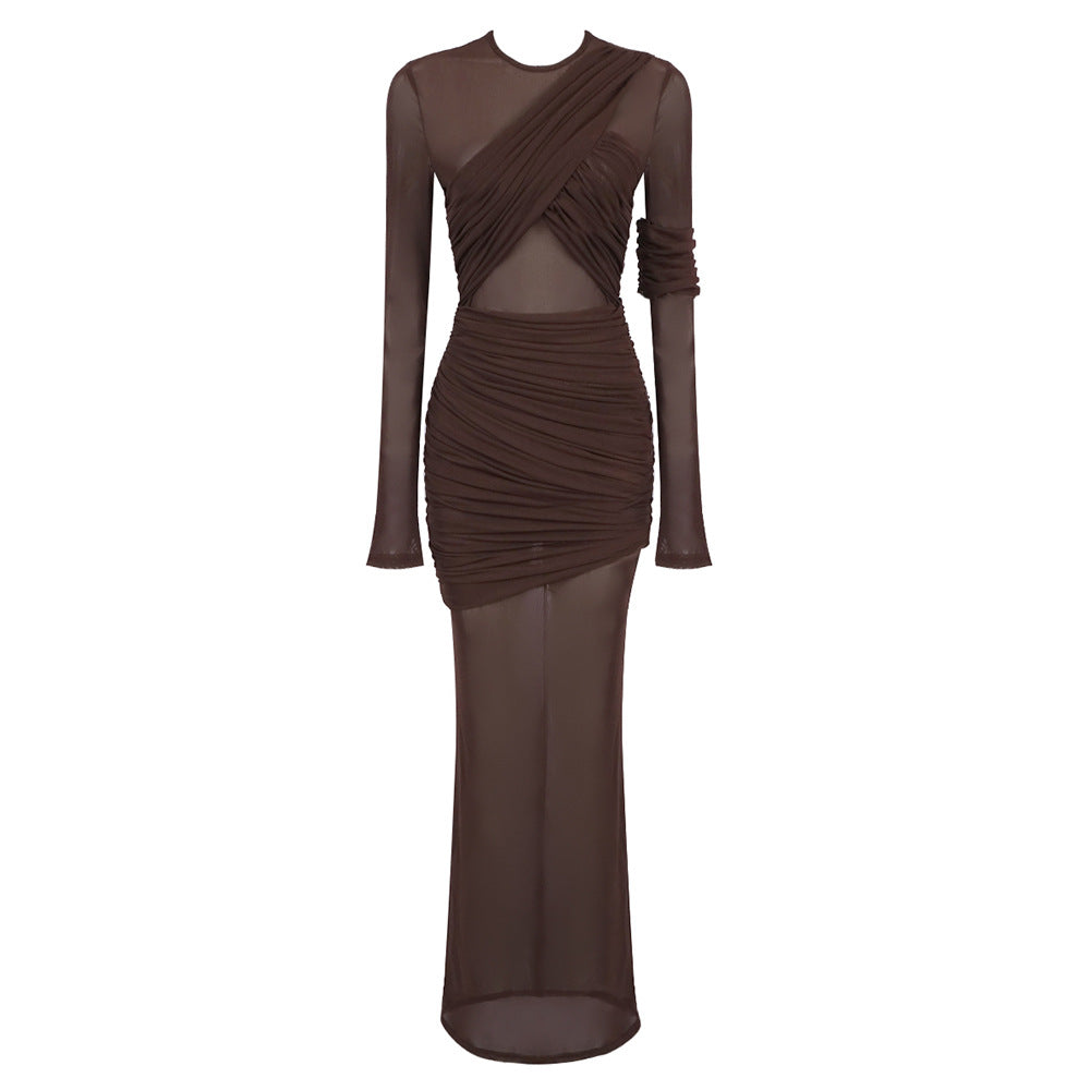 Damen Elegantes langarm Maxikleid mit raffinierten Drapierungsdetails und figurbetontem Schnitt Echo Archiv