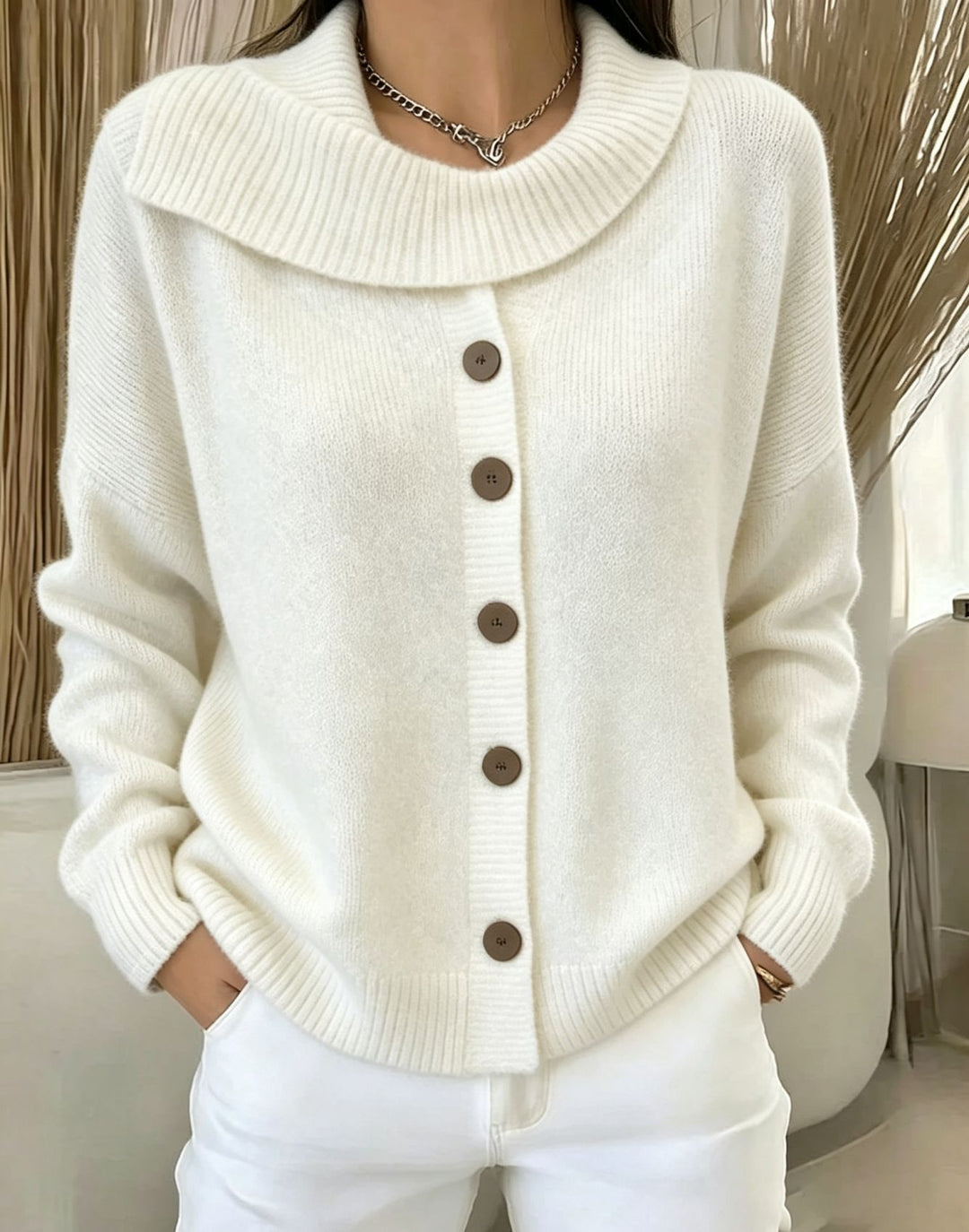 Damen Kuscheliger Knopf-Cardigan mit breitem Rollkragen und gerippten Bündchen – Veloura