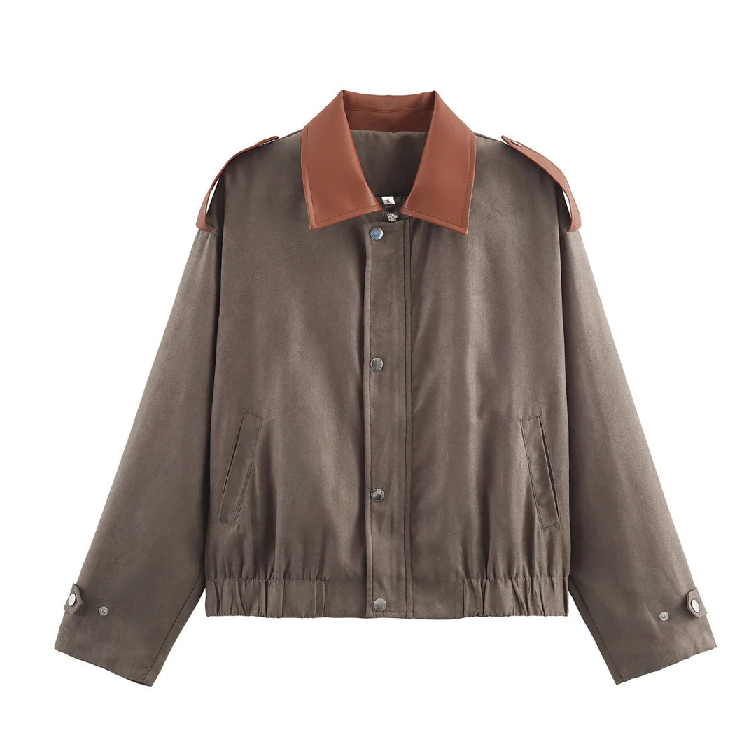 Damen oversized Kurzjacke mit kontrastkragen, Schulterpatten und elastischem Taillenzug – Célinea
