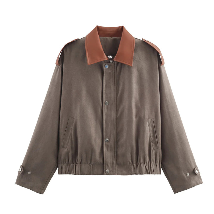 Damen oversized Kurzjacke mit kontrastkragen, Schulterpatten und elastischem Taillenzug – Célinea
