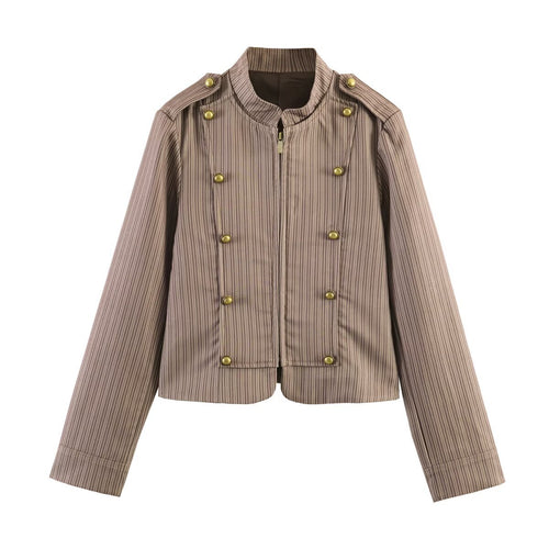 Damen Cropped-Militärjacke im Nadelstreifen mit Stehkragen, Epauletten und dekorativen Messingknöpfen Echoarchiv
