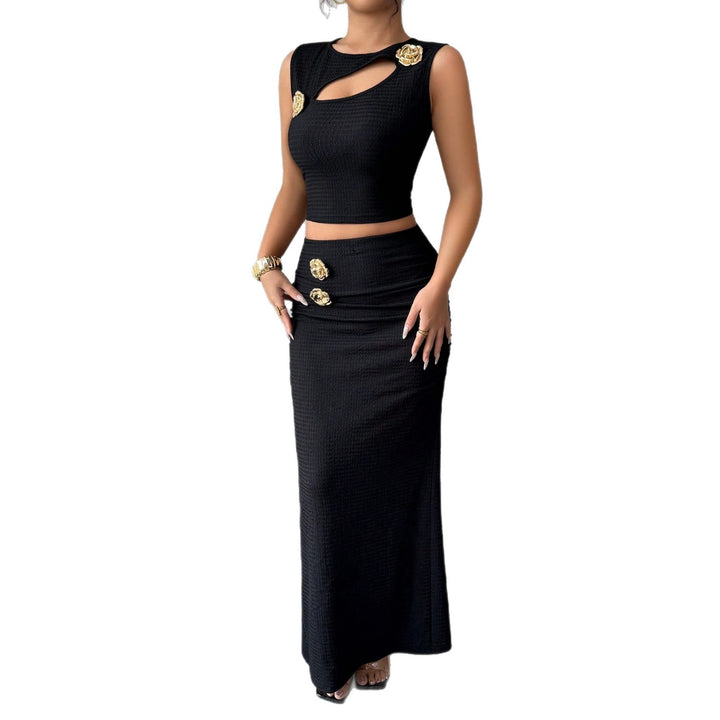 Damen nan zweiteiliges tailliertes Set mit asymmetrischem Cut-Out Crop-Top und figurbetontem Maxi-Bleistiftrock Echo Archiv