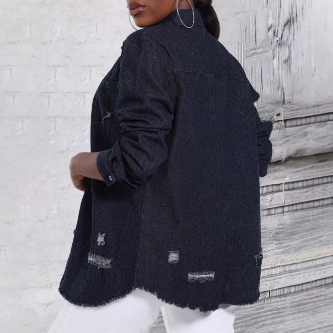 Damen Oversize-Denim-Hemdjacke mit Used-Effekten und rohem Saum Echo Archiv