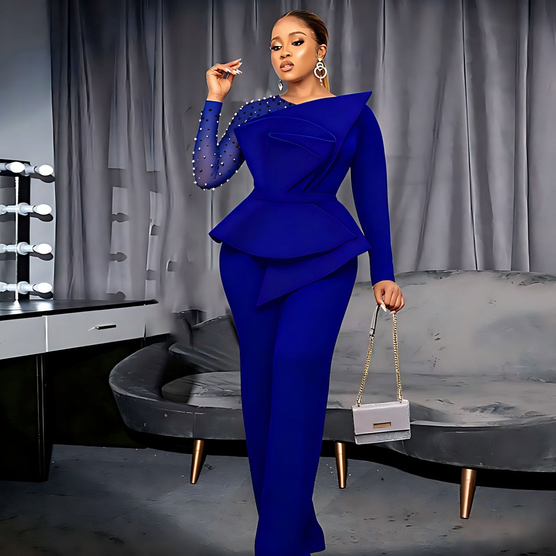 Damen eleganter Jumpsuit mit asymmetrischem Oberteil und raffiniertem Rüschendesign – Orélia