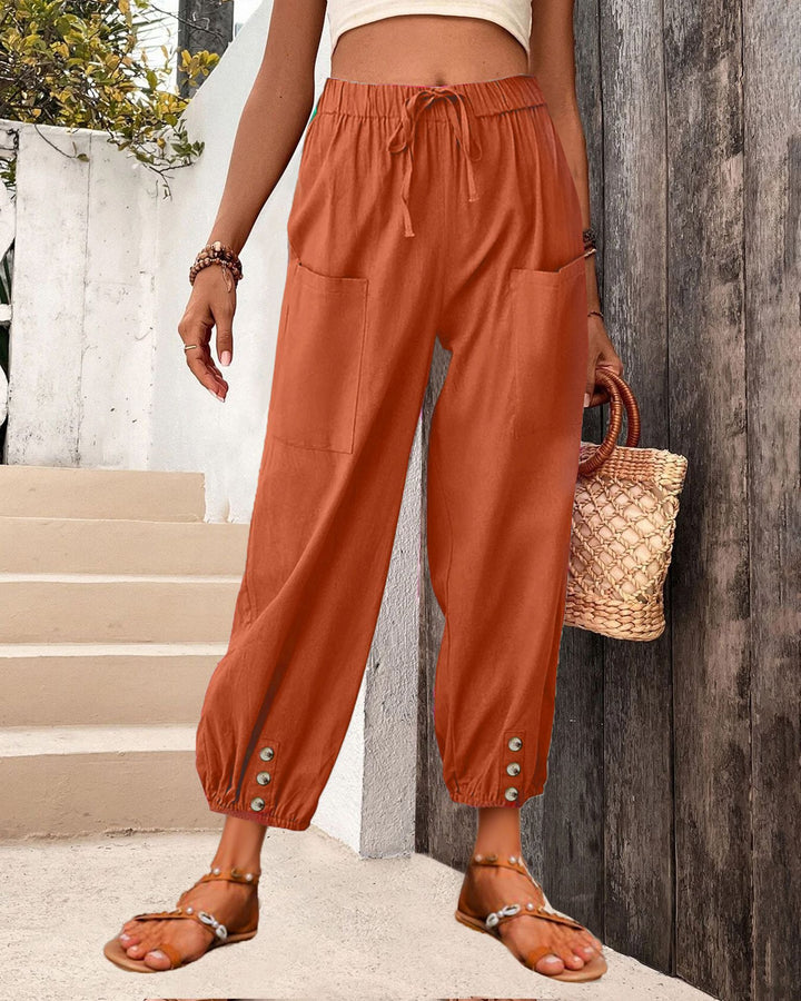 Damen Leinenlook Loungehosen mit hohem elastischem Taillenbund, Kordelzug, aufgesetzten Taschen und geknöpftem Saum – Avélisse
