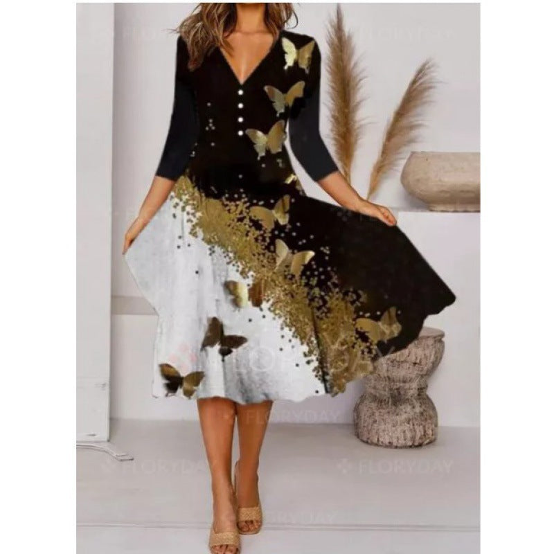 Damen V-Ausschnitt Midi-Kleid mit fließendem Rock und floralem Ärmeldesign Echoarchiv
