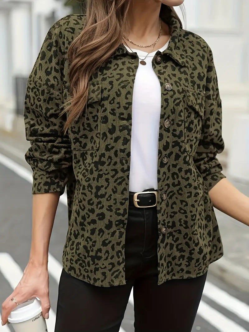 Damen Oversize Hemdjacke im Cord‑Look mit Leopardenprint Echo Archiv