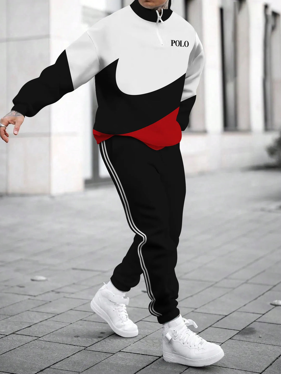 Herren sportliches Outfit mit hohem Kragen und modischem Grafikdesign Echoarchiv