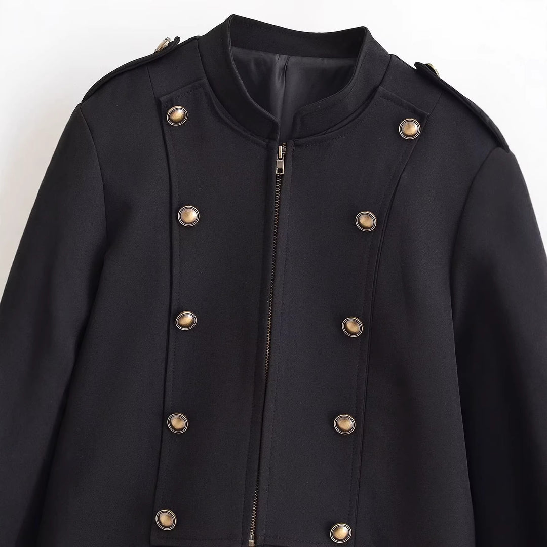 Damen taillierte Kurzjacke im Militärstil mit dekorativer Doppelknopfleiste, Reißverschluss und Schulterpatten Echo Archiv