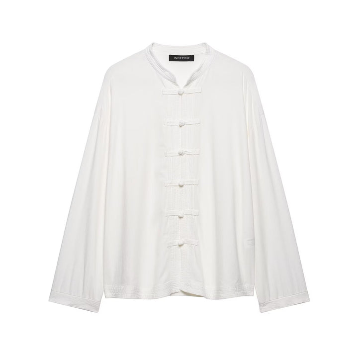 Damen Oversize Tunika‑Bluse im asiatisch inspirierten Stil mit Stehkragen und Zierknotenverschlüssen Echo Archiv