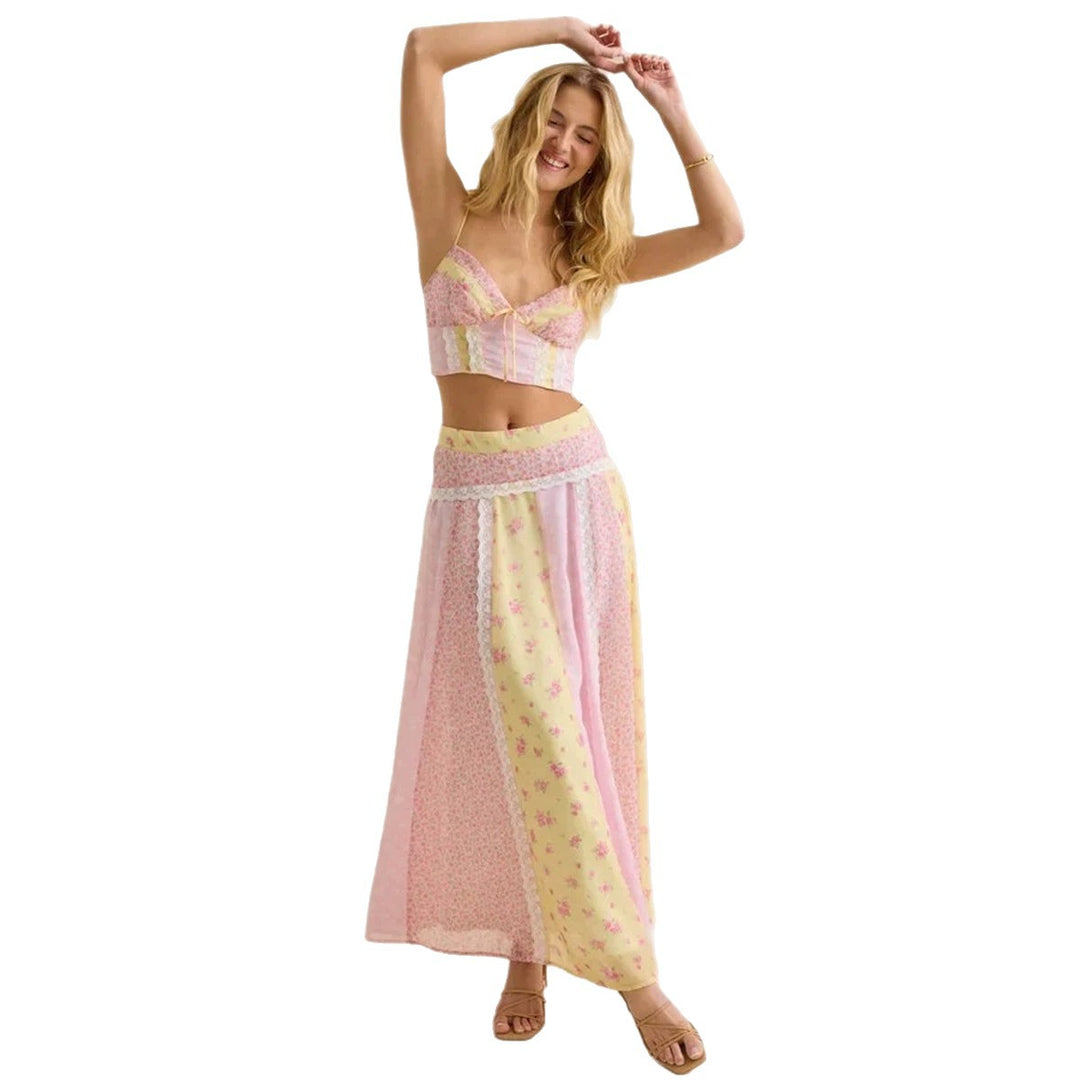 Damen nan romantisches Crop-Top mit Spaghettiträgern und gestuftem Patchwork-Maxirock Echo Archiv