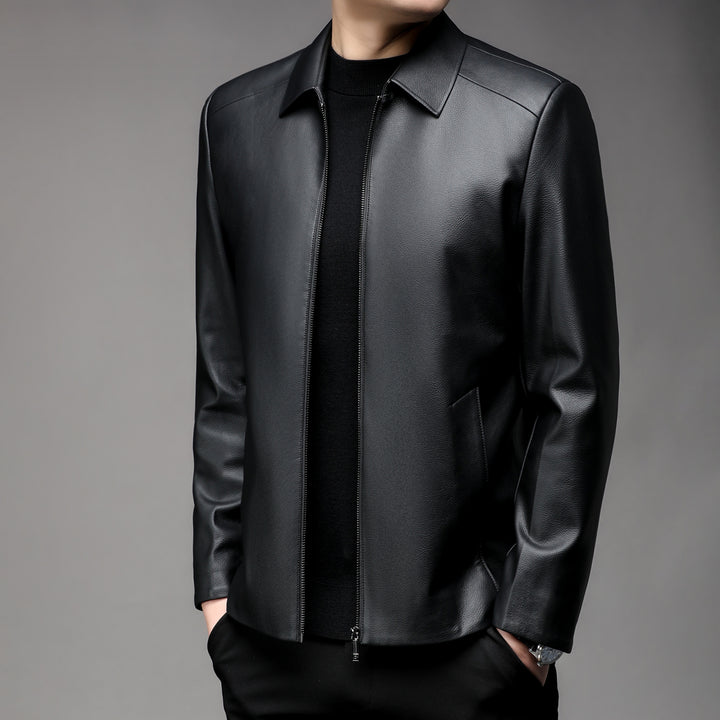 Herren Glatte Kunstleder-Zipjacke mit Hemdkragen und schlanker Silhouette Echoarchiv