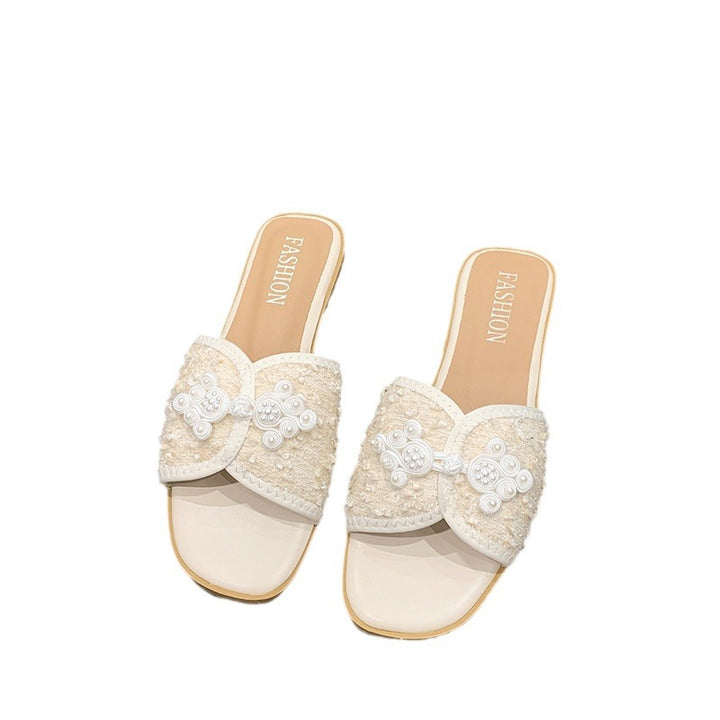 Damen nan elegante Mule mit quadratischer Zehenpartie Bouclé-Obermaterial und Perlenverzierung Echo Archiv