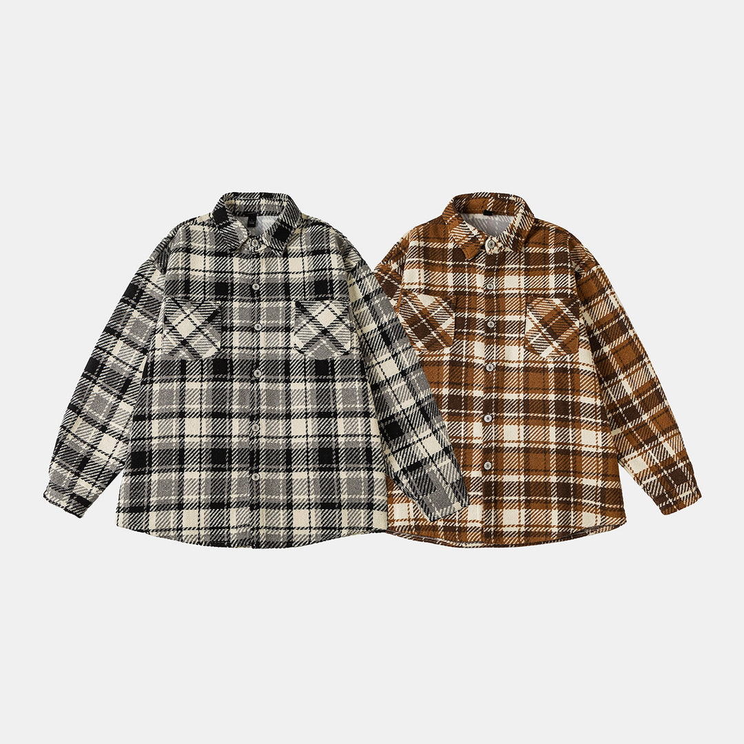 Unisex Karierte Overshirtjacke im Shacket-Stil mit aufgesetzten Brusttaschen und entspanntem Oversize-Schnitt Echoarchiv