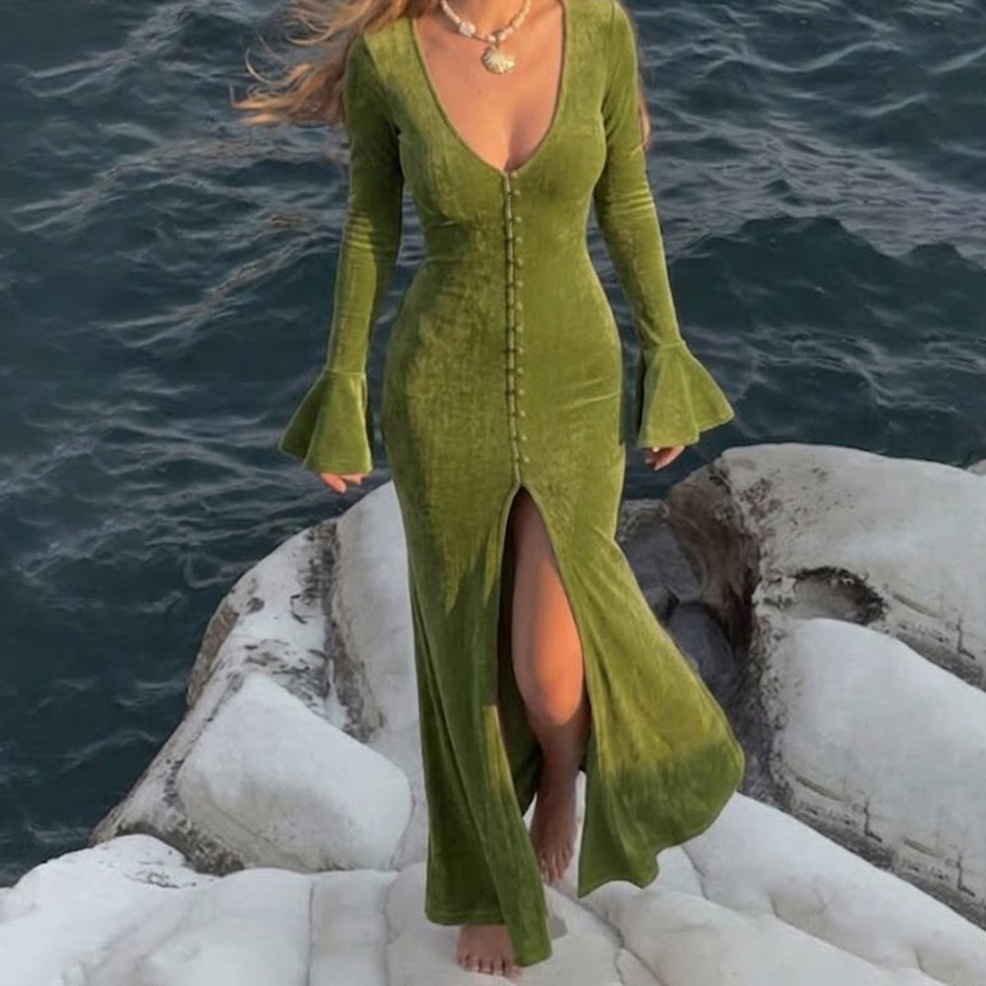 Damen Maxikleid mit figurbetonter Silhouette, durchgehender Zierknopfleiste und Glockenärmeln – Valéora
