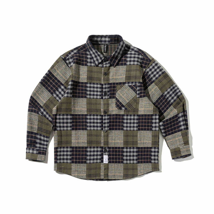 Herren Karierter Patchwork-Flanell-Overshirt mit Brusttasche Echoarchiv