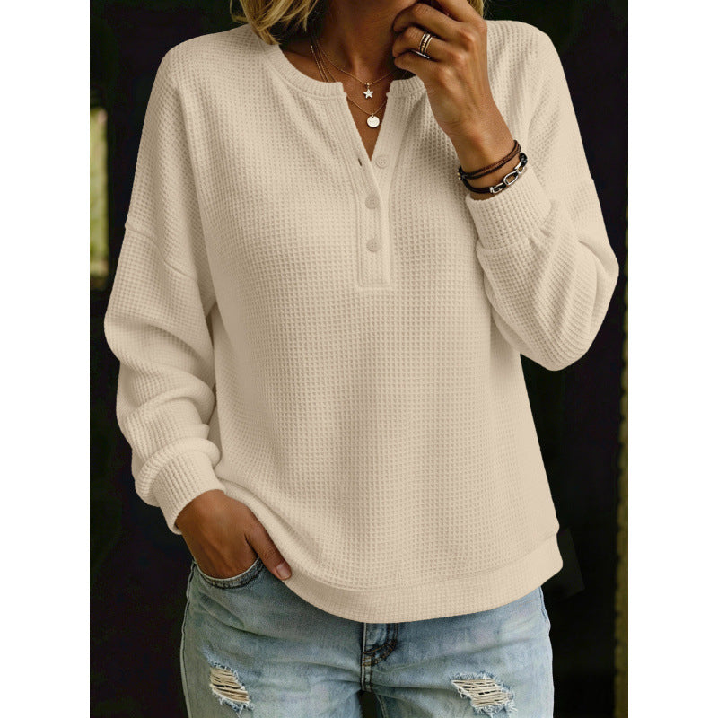 Damen Waffelstrick-Henleypullover mit Oversize-Schnitt Echoarchiv