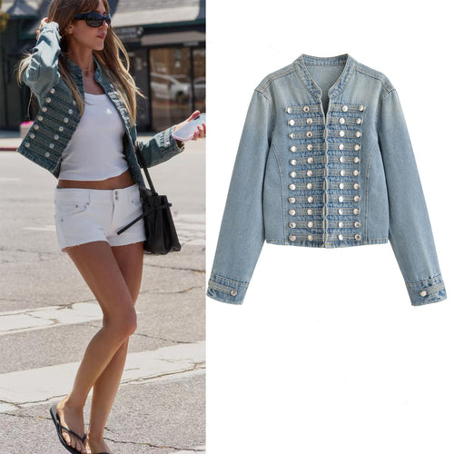 Damen Kurze taillierte Jeansjacke im Militärlook mit doppelten Zierknopfreihen Echoarchiv
