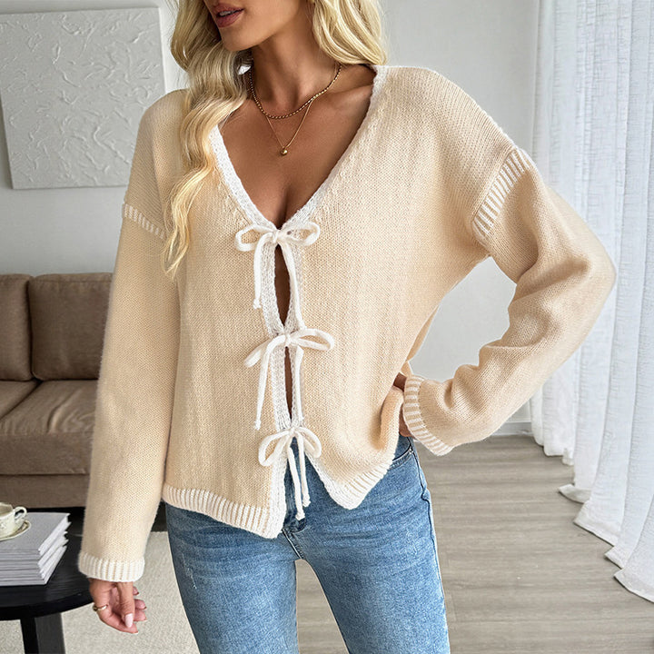 Damen Modischer Strickpullover mit dekorativen Bindebändern Echo Archiv
