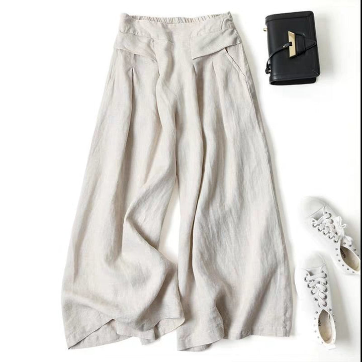 Damen Weit geschnittene Leinenhose mit hohem Bund und eleganten Falten Echoarchiv
