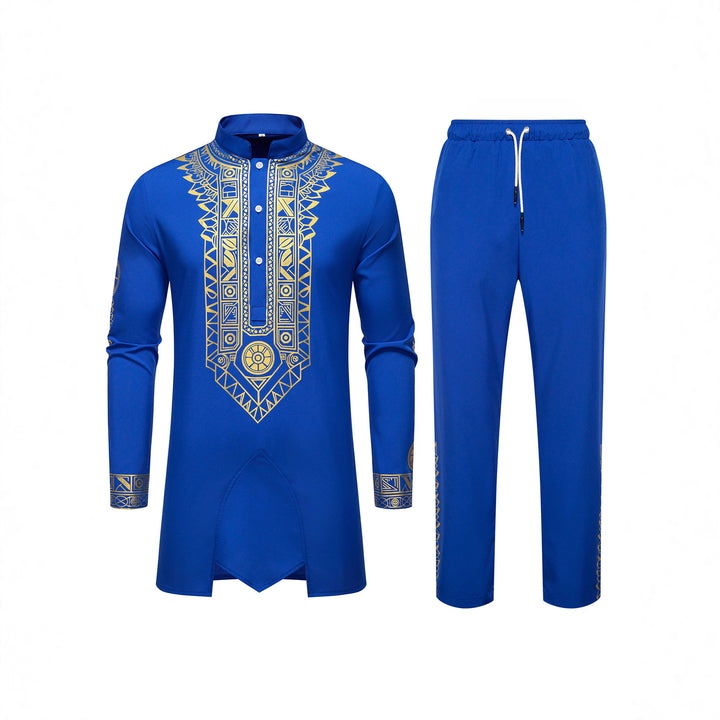 Herren Traditionelles Langarm-Kurta-Set mit Stehkragen, goldfarbenem Ornamentdruck und Tunnelzughose Echo Archiv