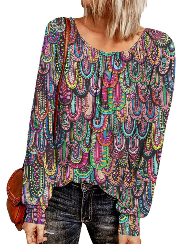 Damen Ethno-Print Oversize-Tunika mit Rundhalsausschnitt und langen Ballonärmeln – Avérine
