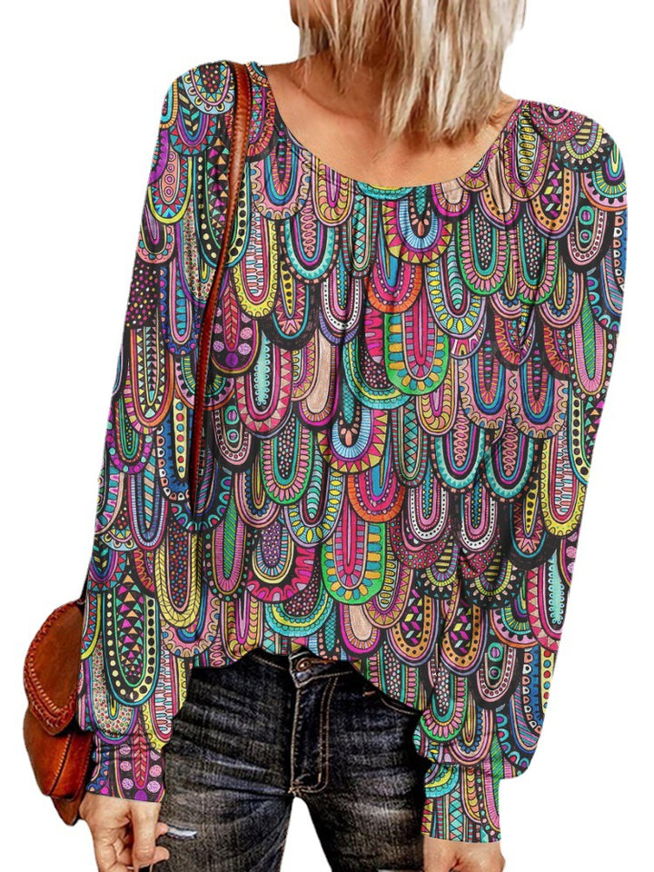 Damen Ethno-Print Oversize-Tunika mit Rundhalsausschnitt und langen Ballonärmeln – Avérine