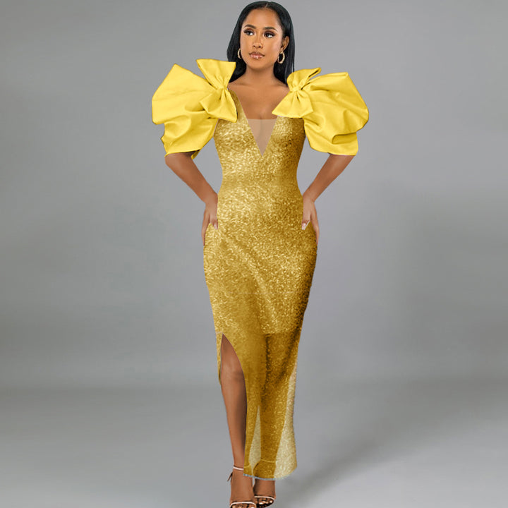 Damen Figurbetontes Glamour-Kleid mit schimmerndem Stoff und voluminösen Ärmeln Echo Archiv