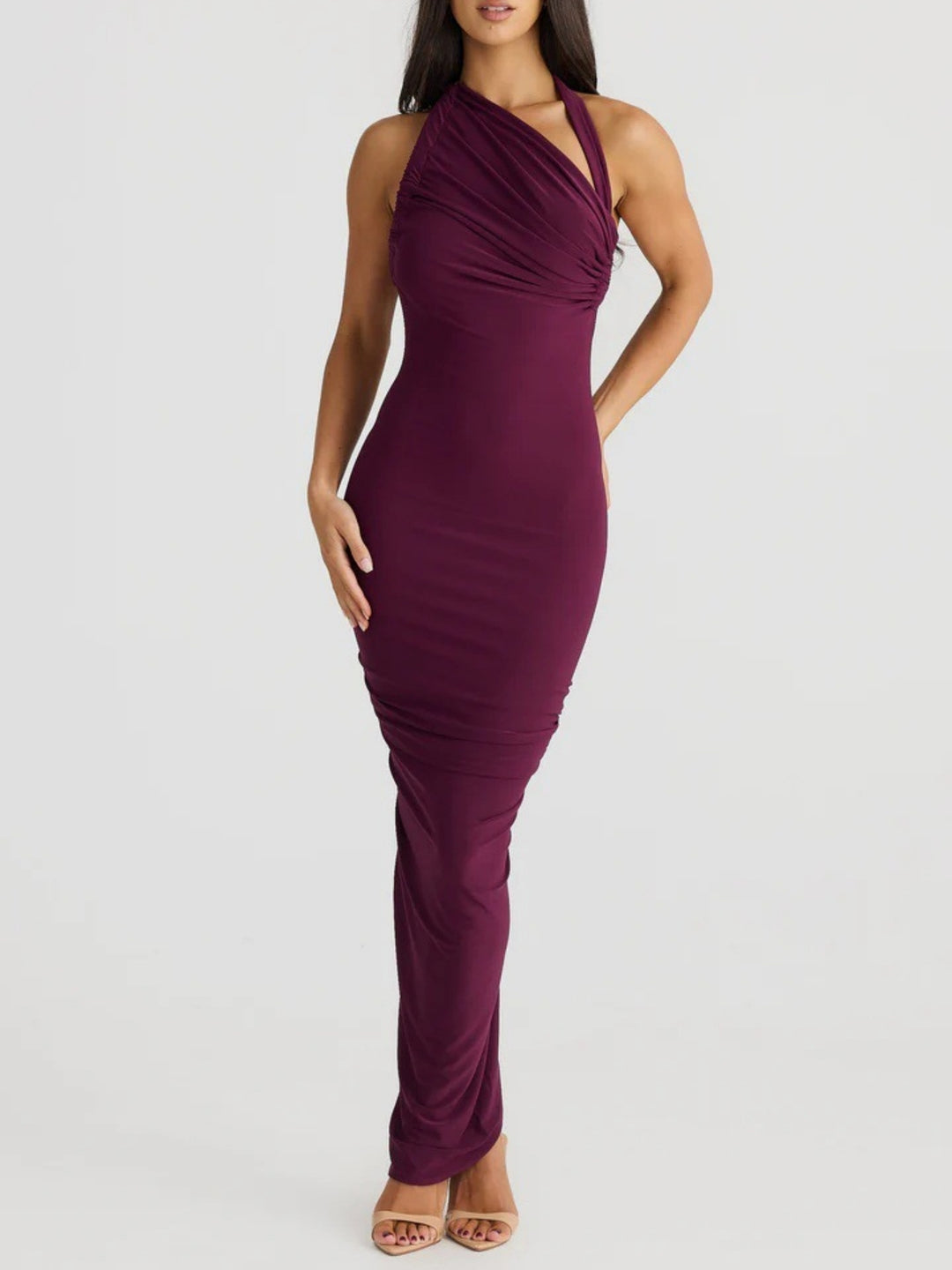Damen Elegantes langes Wickelkleid mit schulterfreiem Design und gerafftem Oberteil Echo Archiv