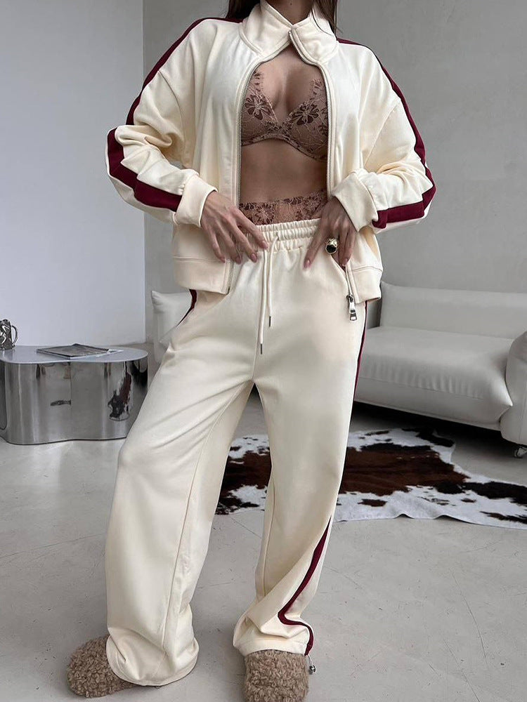 Damen Velours-Loungewear-Set mit Stehkragen, Zip-Jacke und weitem Palazzo-Hosenbein – Élanora