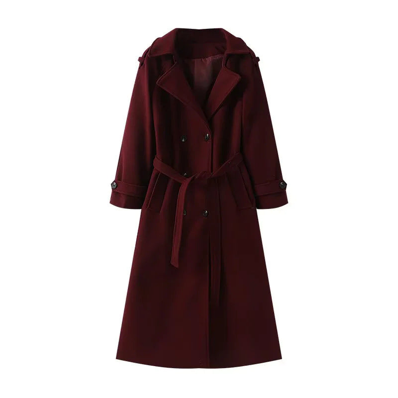 Damen langer Wollmix-Trenchcoat mit Schalkragen Taillengürtel und doppelreihiger Knopfleiste – Montévia