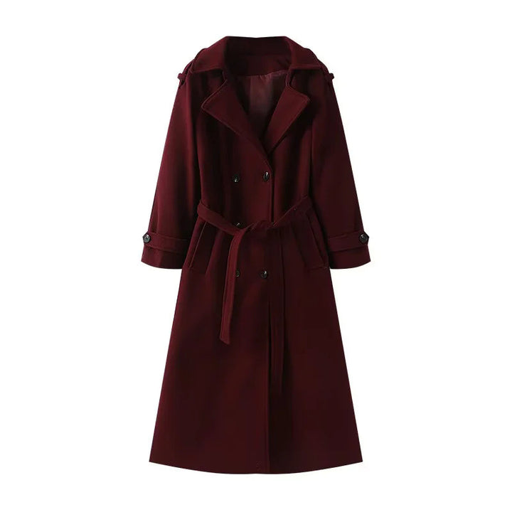 Damen langer Wollmix-Trenchcoat mit Schalkragen Taillengürtel und doppelreihiger Knopfleiste – Montévia
