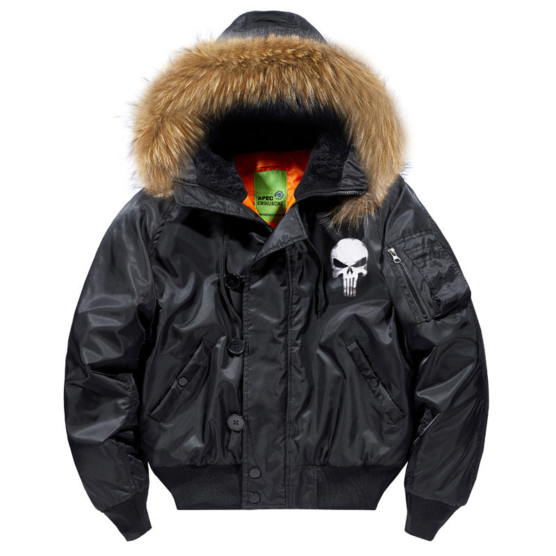 Herren -isolierte Kapuzen-Bomberjacke mit Kunstfellbesatz und Schädel-Brustgrafik Echo Archiv