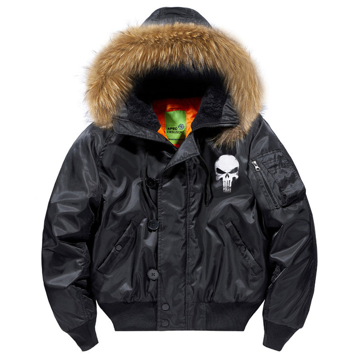 Herren -isolierte Kapuzen-Bomberjacke mit Kunstfellbesatz und Schädel-Brustgrafik Echo Archiv