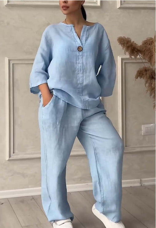 Damen nan lässiges Leinen-Relax-Set mit weiter Hose und Hemdbluse Echo Archiv