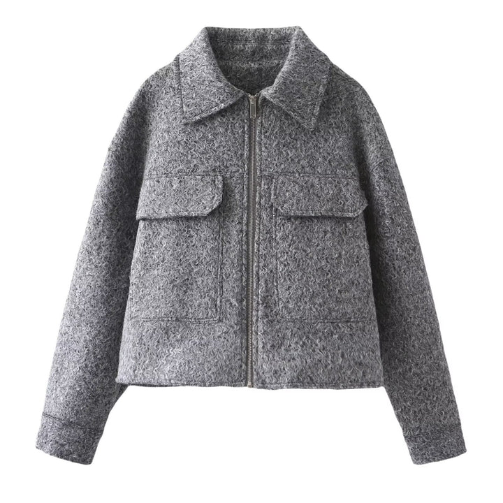 Damen Kurz geschnittene Bouclé‑Jacke mit durchgehendem Reißverschluss und Pattentaschen Echo Archiv