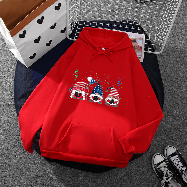 Damen Kapuzenpullover mit patriotischem Gartenzwerg-Print, angerautem Fleece-Innenfutter, Oversize-Schnitt und Kängurutasche – Auréline